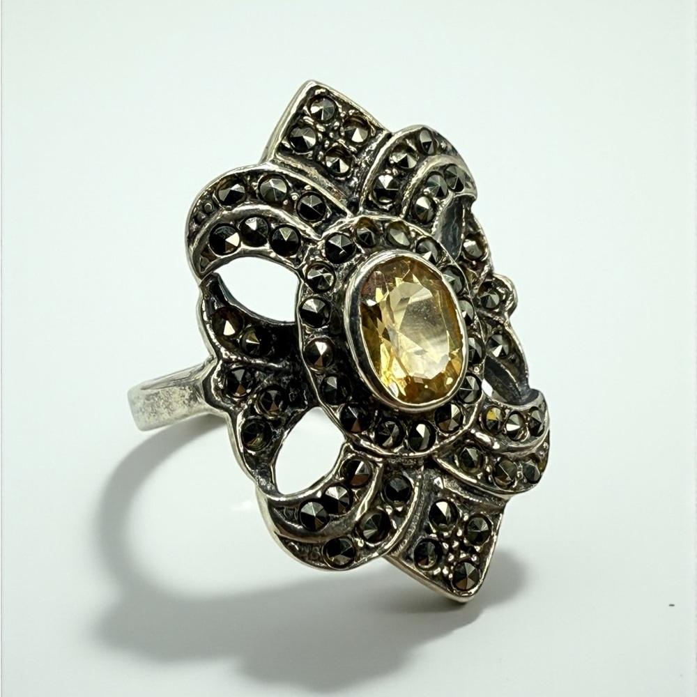 Vintage Art Deco Style Sterling Silver Citrine & Marcasite Statement Ring Size 8